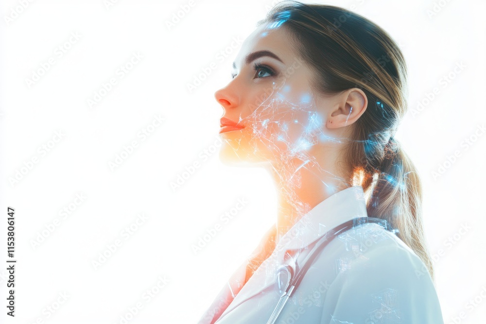 double exposure of female doctor and hologram, isolated on white background