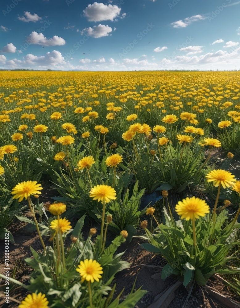 Fototapeta premium Golden dandelions against azure sky, expansive field, golden, spring