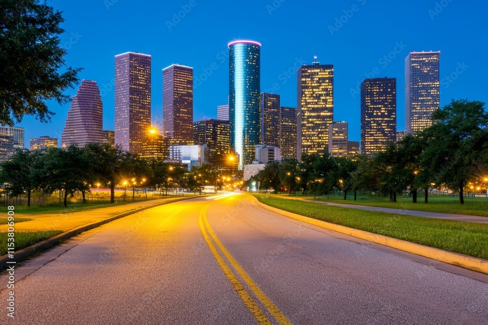 A highway leading into a futuristic city skyline, with glowing skyscrapers reflecting off the road during twilight A highway leading into a futuristic city skyline, with glowing skyscrapers reflecting off the road during twilight