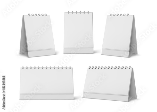 Table calendar mockup. Desk calendar with spiral. Realistic vector calendar illustration in different angles of view. Blank pages isolated on white background. Office planner or notepad.