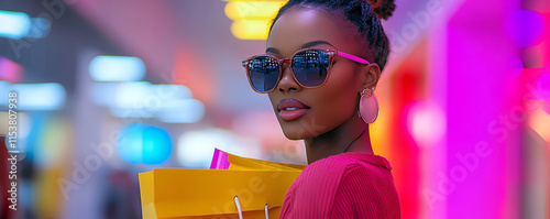 Stylish Woman with Shopping Bags in Vibrant City,  Enjoying Retail Therapy with Confidence and Excitement.