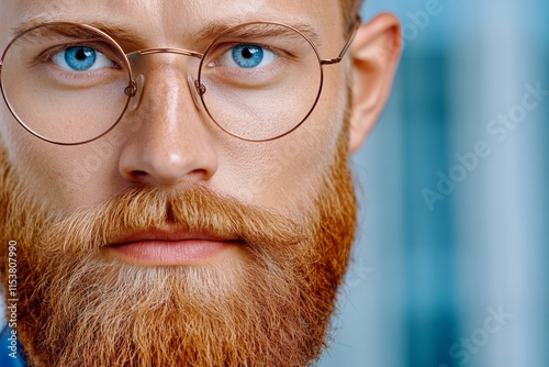 A hyper-realistic close-up of a hipster man face, showing a detailed beard, stylish glasses, and soft lighting reflecting on his skin