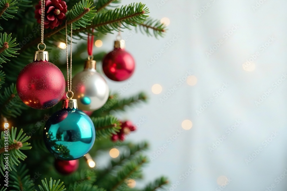 Fototapeta premium Colorful glass ornaments hanging on a Christmas wreath, wreaths, decorations, evergreen branches