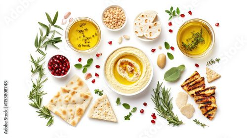 Wallpaper Mural A lavish spread of Mediterranean delights on a pure white background, featuring freshly baked pita bread, bright yellow hummus, crimson pomegranate seeds, grilled vegetables, and golden olive oil dips Torontodigital.ca