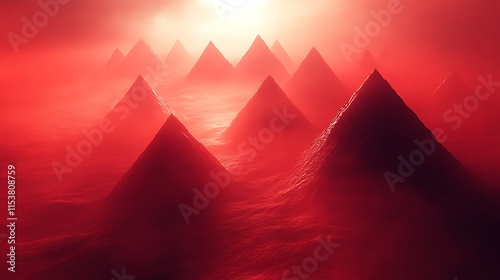 Red pyramids in a hazy, alien landscape under a red sun.