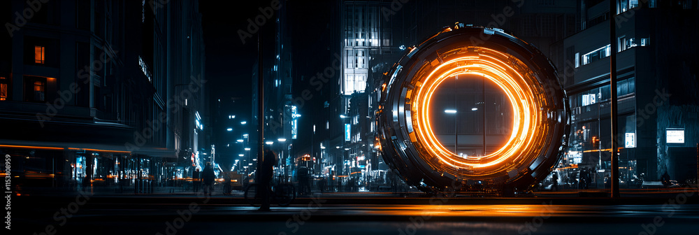 Fototapeta premium Futuristic Cityscape, Glowing Portal in Night City, Illuminating Urban Streetscape with Vibrant Energy.