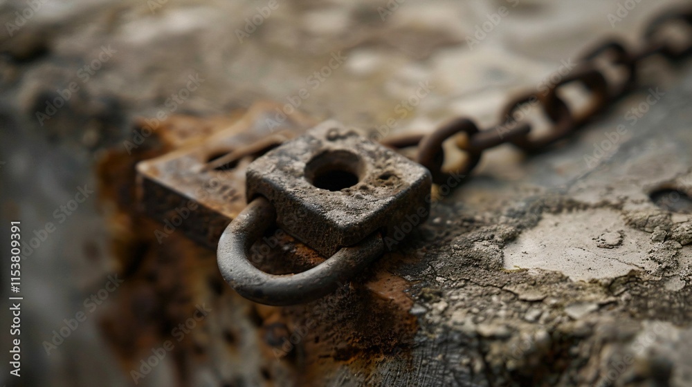 Close-up of a rusty padlock on a metal chain symbolizing security and weapon prohibition, set against a concrete wall background. Close-up of a rusty padlock on a metal chain symbolizing security and weapon prohibition, set against a concrete wall background.