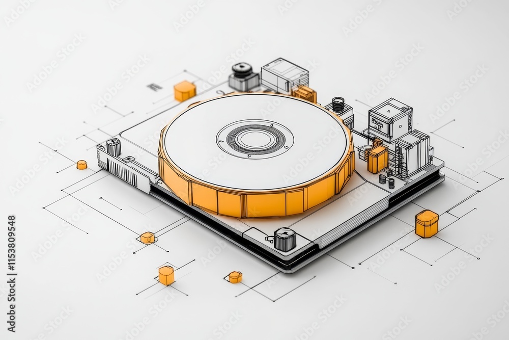 A minimalist line art drawing of an HDD with geometric shapes representing the platter and components, on a white background A minimalist line art drawing of an HDD with geometric shapes representing the platter and components, on a white background