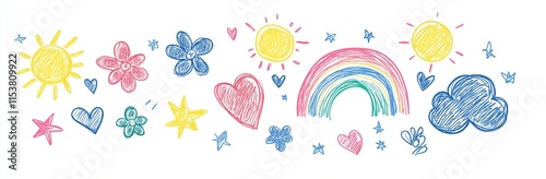 
A drawing of colorful doodles with simple shapes like hearts, flowers, and clouds on a white background.