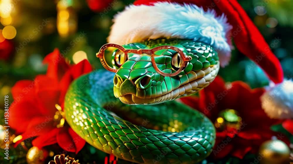 Portrait of a green snake in a Santa hat, Symbol of the year according to the Eastern calendar Portrait of a green snake in a Santa hat, Symbol of the year according to the Eastern calendar