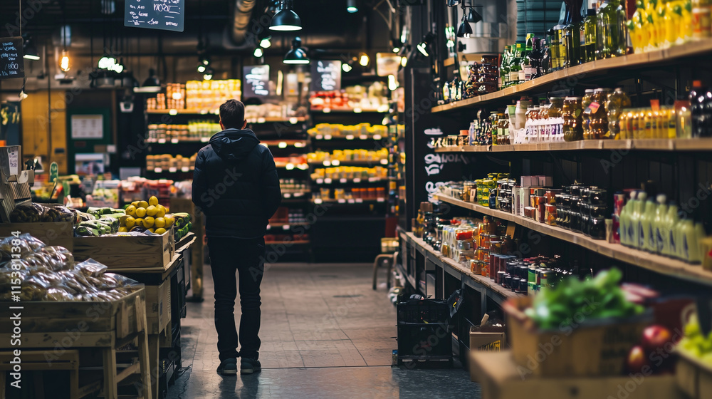 Obraz premium A man stands in a well-stocked grocery store aisle..