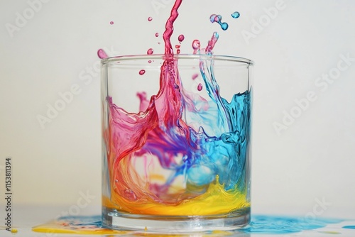 Liquid glass liquid mixed colors, isolated on white background, mixed colors with water pooling underneath