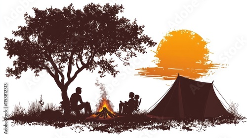 Group of friends sitting around a campfire, silhouette art design with a tent in the background of the sun