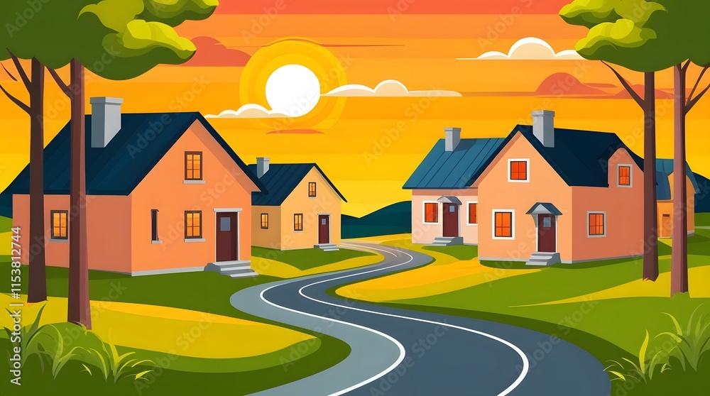 Naklejka premium Peaceful Sunset Village Four houses basking in the warm glow of the setting sun, trees swaying gently, with a narrow road curving through the scene (