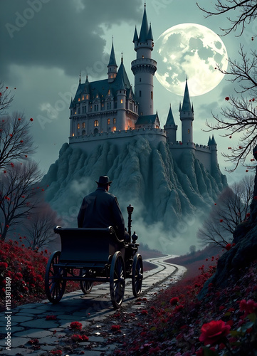 AI generated image of a hansom carriage driving towards a vampire castle. Dracula's castle new image