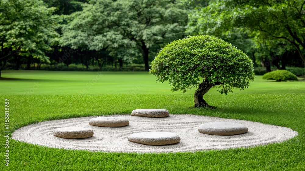 Serene Zen Garden with Stones and Green Tree under Clear Blue Sky in Lush Green Landscape Serene Zen Garden with Stones and Green Tree under Clear Blue Sky in Lush Green Landscape