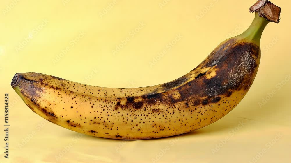 A banana is prominently featured with a smooth yellow body and a distinct brown stem, creating an eye-catching contrast against a yellow background