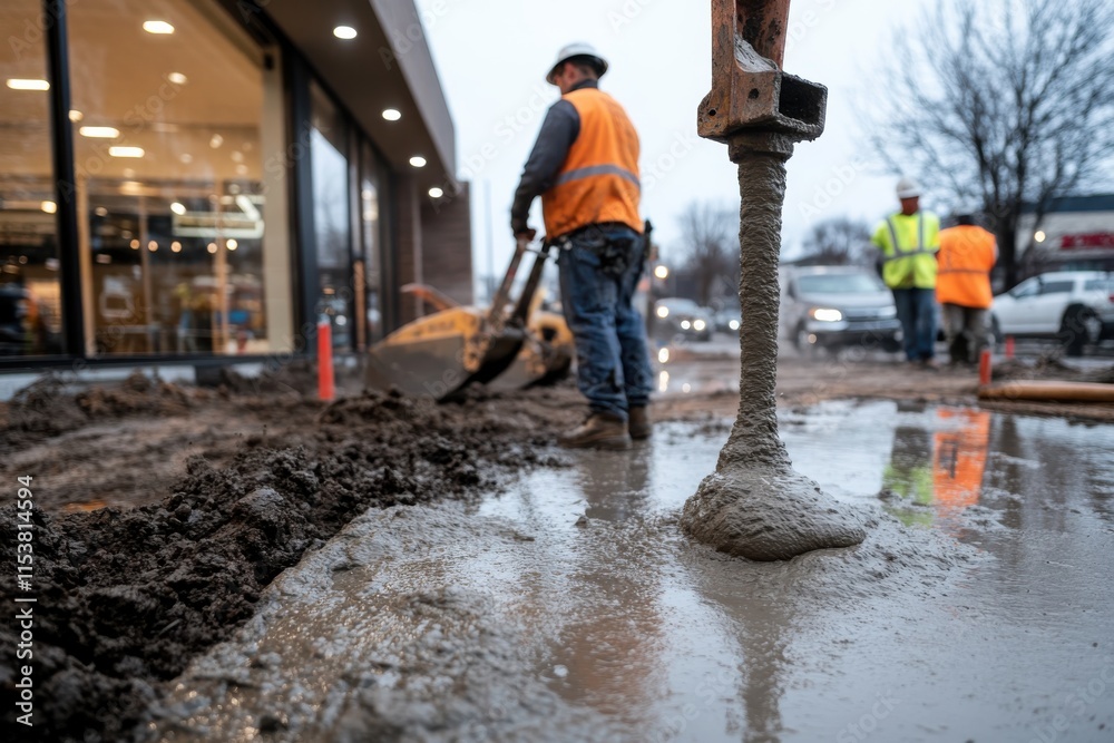 In a busy urban setting, workers are actively pouring concrete, showcasing the dynamic interplay between construction and city life in metropolitan areas. In a busy urban setting, workers are actively pouring concrete, showcasing the dynamic interplay between construction and city life in metropolitan areas.
