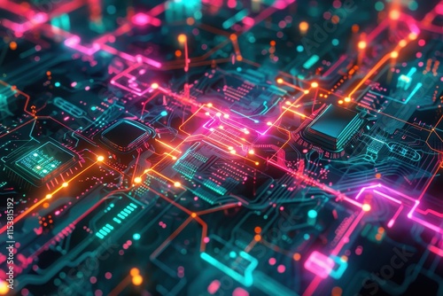 Neon-lit Circuit Board with Glowing Connections