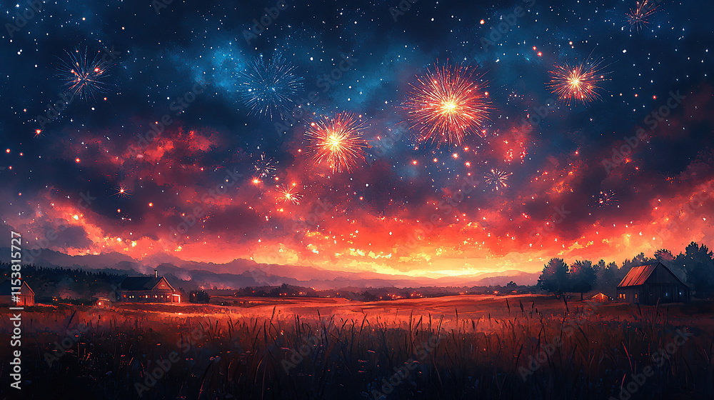 Fototapeta premium fireworks and sunset in the forest