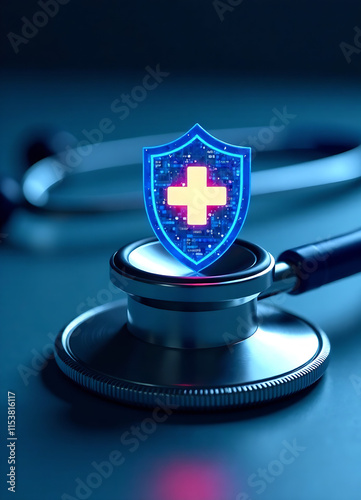 A digital shield with a medical cross symbol sits on a stethoscope, representing the importance of protecting patient data and ensuring secure healthcare practices. new image