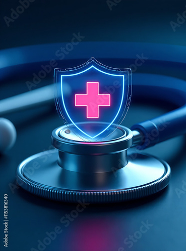 A digital shield with a medical cross symbol sits on a stethoscope, representing the importance of protecting patient data and ensuring secure healthcare practices. new image