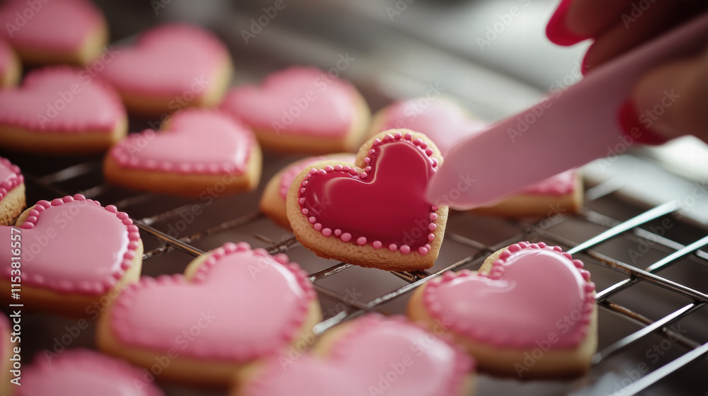 Heart shaped cookies being decorated with pink icing and sprinkles Heart shaped cookies being decorated with pink icing and sprinkles