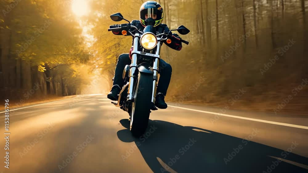 Motorcyclist biker riding a motorcycle bike on a scenic Highway road at sunset, Freedom and Adventure Concept