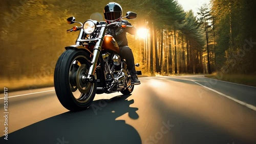Motorcyclist biker riding a motorcycle bike on a scenic Highway road at sunset, Freedom and Adventure Concept