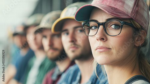 Focused portrait of a woman with glasses among men casual setting emotional connection