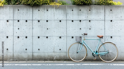 Light blue bicycle leaning against a concrete wall. photo