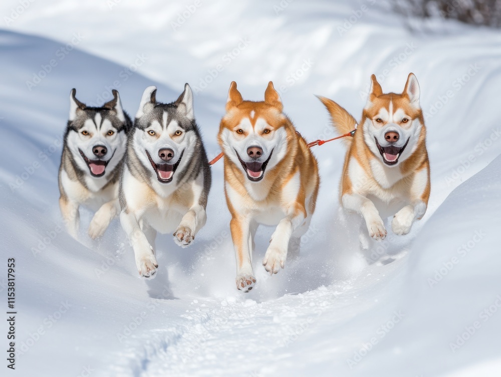 Four huskies running joyfully through the fresh, snowy landscape. Four huskies running joyfully through the fresh, snowy landscape.