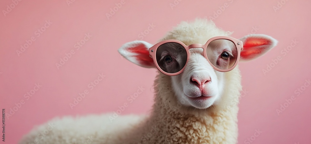 A sheep wearing stylish pink sunglasses against a soft pink background. A sheep wearing stylish pink sunglasses against a soft pink background.