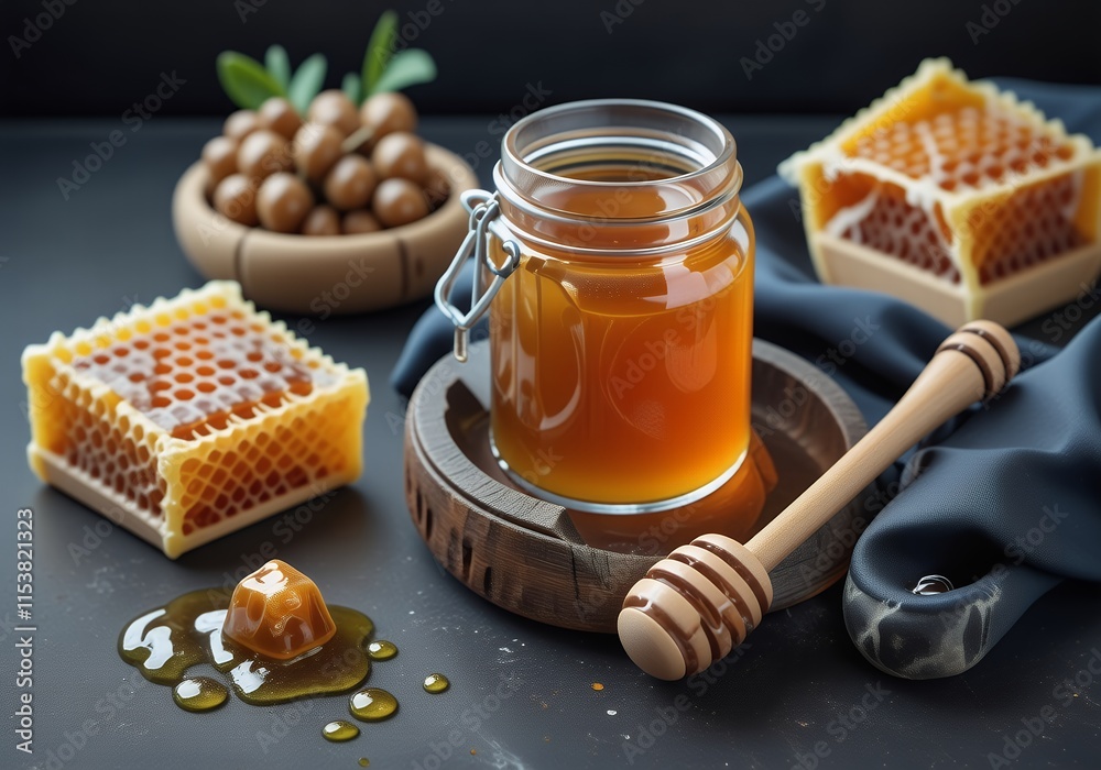 Delicious Honey in Glass Jar Honeycomb Honey Dipper Wooden Dish Delicious Honey in Glass Jar Honeycomb Honey Dipper Wooden Dish
