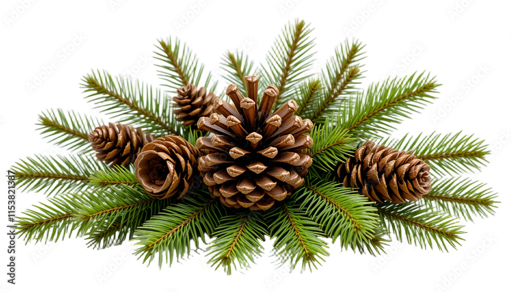 Pine cones with green pine branches isolated on white background. Suitable for marketing or business purposes. PNG file