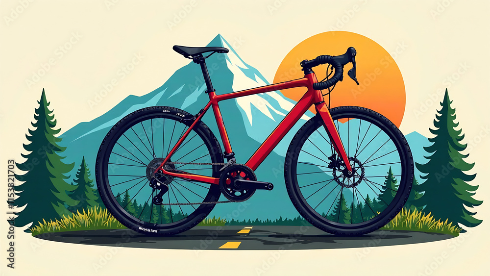 Obraz premium illustration of bicycle with mountain background, logo illustration for community or t-shirt design new image 