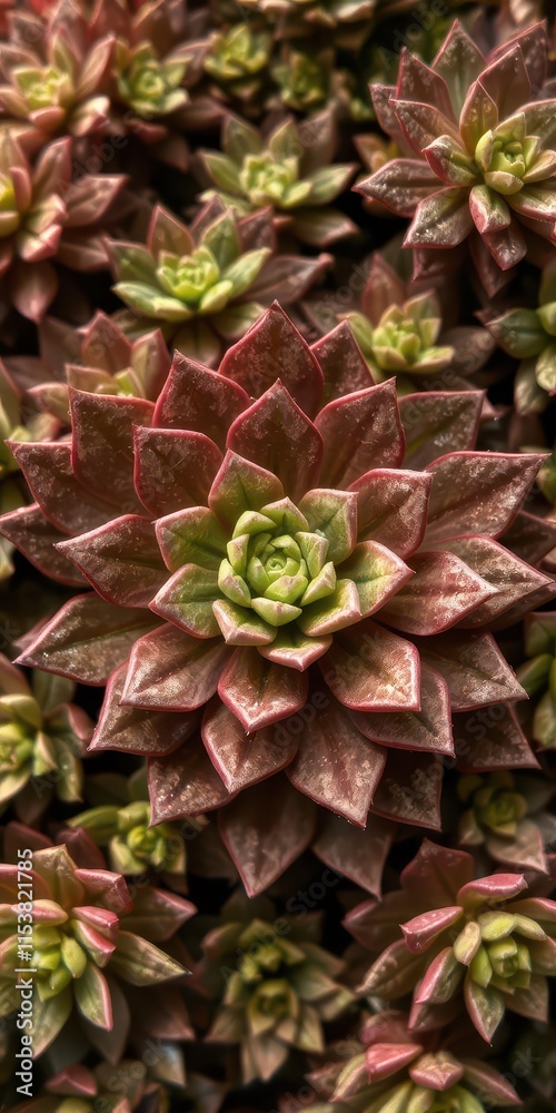 Aeonium succulent in geometric crystal grid arrangement, abstract, reflective Aeonium succulent in geometric crystal grid arrangement, abstract, reflective