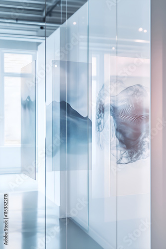 Translucent screens displaying evolving AI art