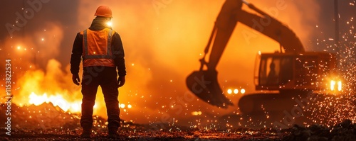 Worker in safety gear observes machinery in fiery environment.