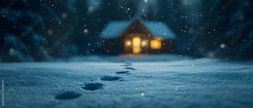 Fototapeta premium A cozy cabin illuminated in the snow, creating a serene winter scene with footprints leading to its door.