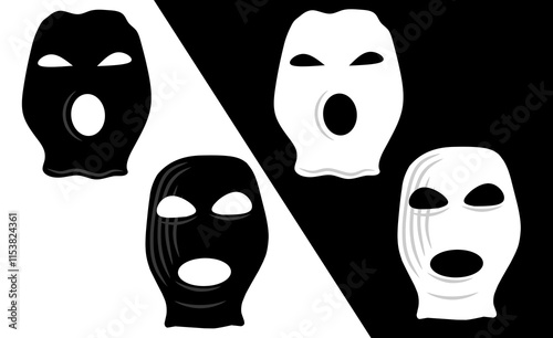 Vector isolated balaclava thief hat or mask with holes for eyes and mouth colorless black and white line silhouette shadow,isolated white background design element