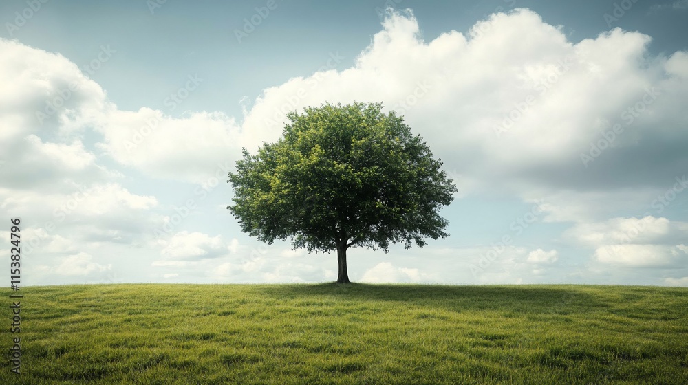 Obraz premium Solitary tree on grassy hill under cloudy sky.