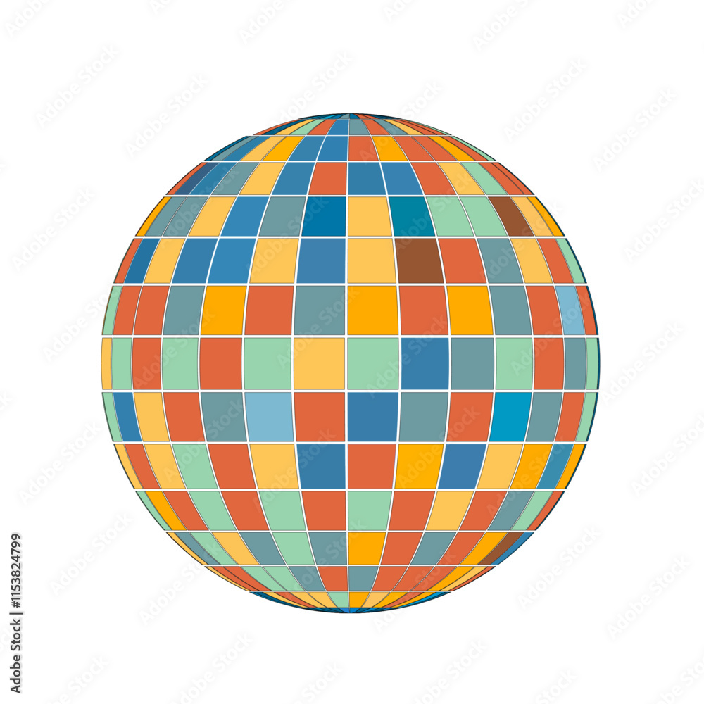 Colorful geometric disco ball with a mosaic tile pattern on a white background. Design for retro party and celebration theme Colorful geometric disco ball with a mosaic tile pattern on a white background. Design for retro party and celebration theme