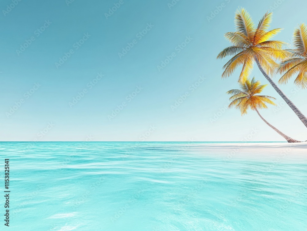 Fototapeta premium Tranquil tropical beach with palm trees and clear blue water.
