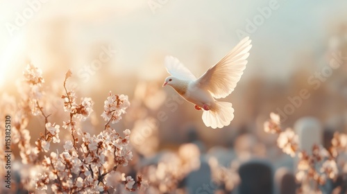 A white dove in flight, a symbol of peace and remembrance, soars over a tranquil graveyard bathed in gentle sunlight This image evokes feelings of tribute and spirituality, finding solace amidst