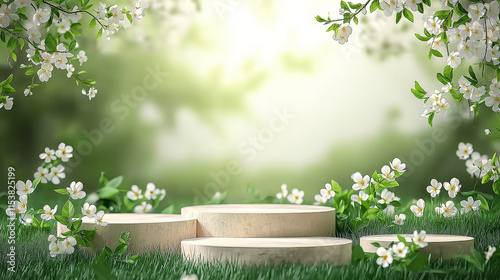 spring background with podiums in the grass and small white flowers