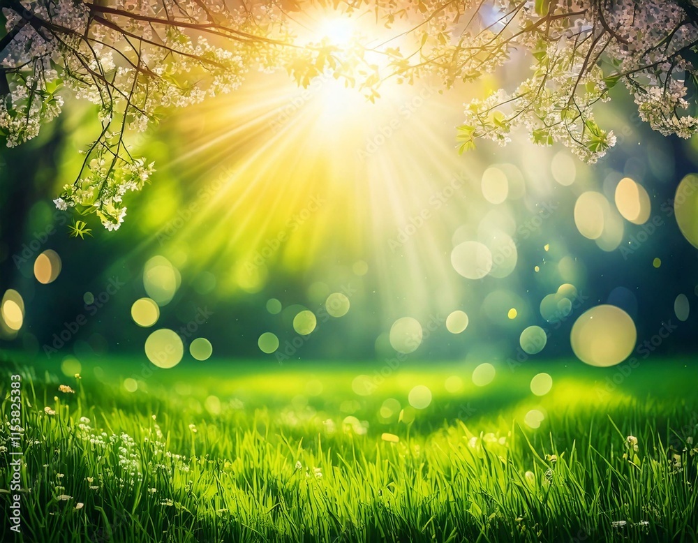 green grass and sun rays in the garden
