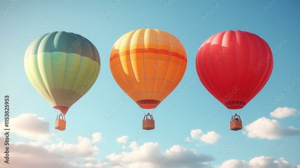 Naklejka premium Colorful hot air balloons floating in bright blue sky with soft clouds, perfect for travel, adventure, vacation, outdoor, summer, leisure themes, peaceful atmosphere, horizon, serene landscape hot ai