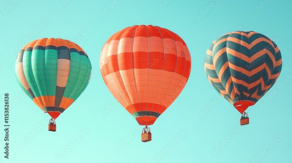Naklejka premium Three colorful hot air balloons floating peacefully in clear blue sky, perfect for travel, adventure, vacation, or outdoor celebration themes with bright sunny atmosphere and vibrant patterns