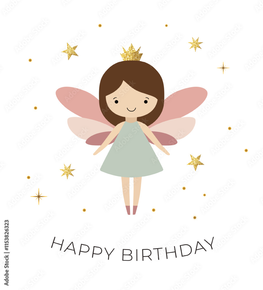Happy birthday card with a cute fairy. Gentle fairy. Birthday template, greeting card, invitation